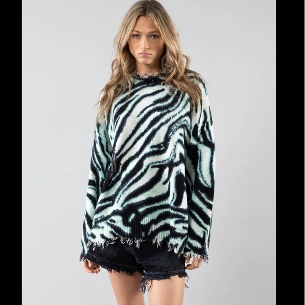 R13 Distressed Zebra Tie Dye Oversized Cotton Sweater M
